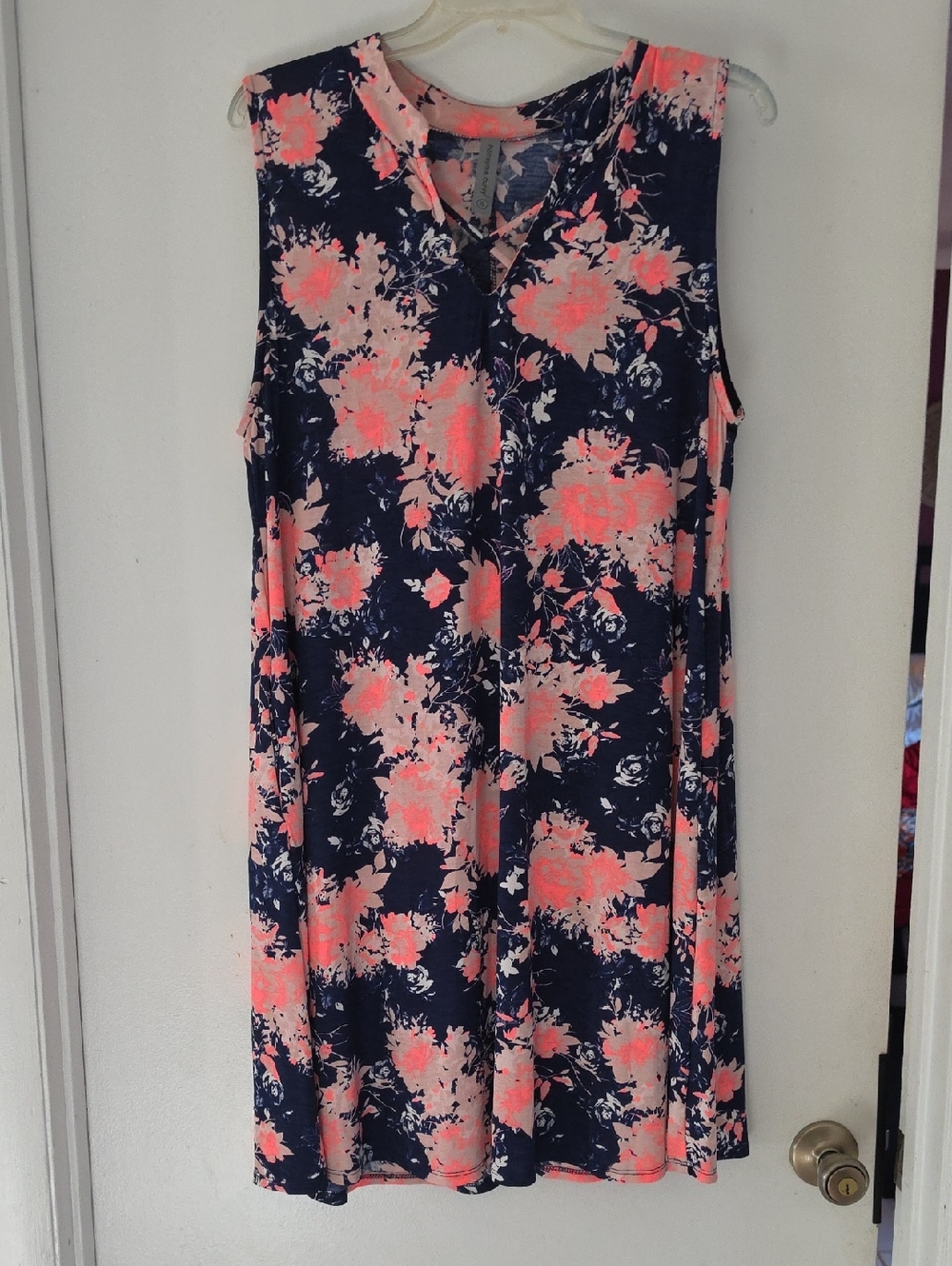 Sleeveless Navy Midi Dress with Coral Floral Print